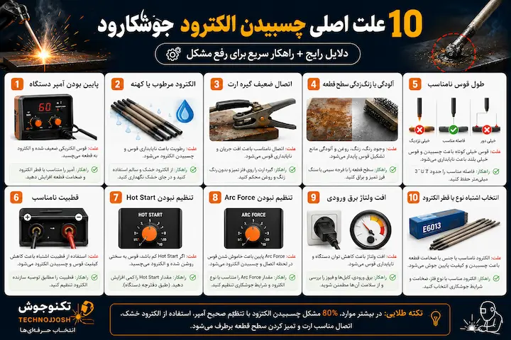 ۱۰ علت اصلی چسبیدن الکترود جوشکاری