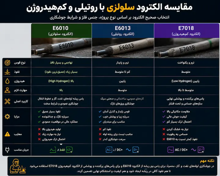 جوشکاری سلولزی چیست بلاگ مقایسه الکترود سلولزی E6010 با الکترود روتیلی E6013 و کم هیدروژن E7018