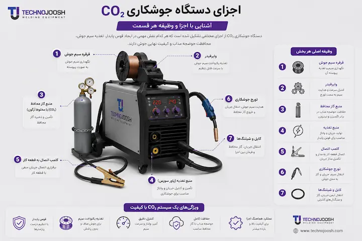 جوشکاری CO۲ چیست + مزایا و معایب بلاگ اجزای دستگاه جوش CO2 و وظیفه هر قسمت